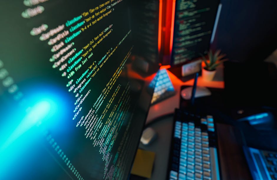 A close-up view of a computer monitor displaying lines of programming code with brightly colored syntax highlighting against a dark background. The monitor is situated on a cluttered desk that also fe